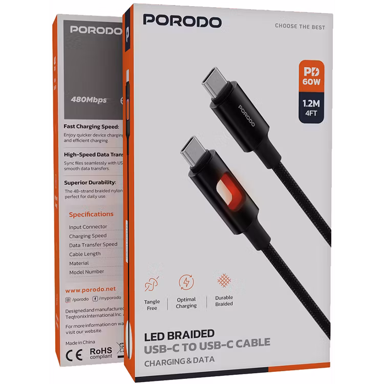 PORODO LED BRAIDED PD 60W USB C TO USB C CABLE CHARGING & DATA TRANSFER BLACK PDCBLXGH04BK thumbnail 3