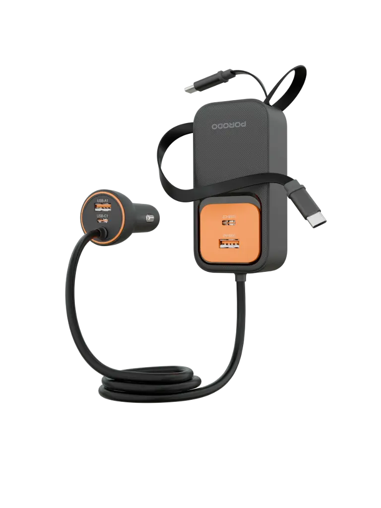 PORODO ENZO MULTI PORT CAR CHARGER DUAL 70CM RETRACTABLE CABLES 150CM BLACK PDCCR32BK