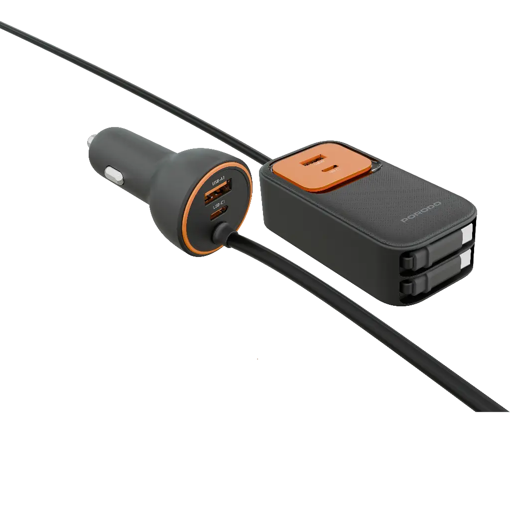 PORODO ENZO MULTI PORT CAR CHARGER DUAL 70CM RETRACTABLE CABLES 150CM BLACK PDCCR32BK thumbnail 2