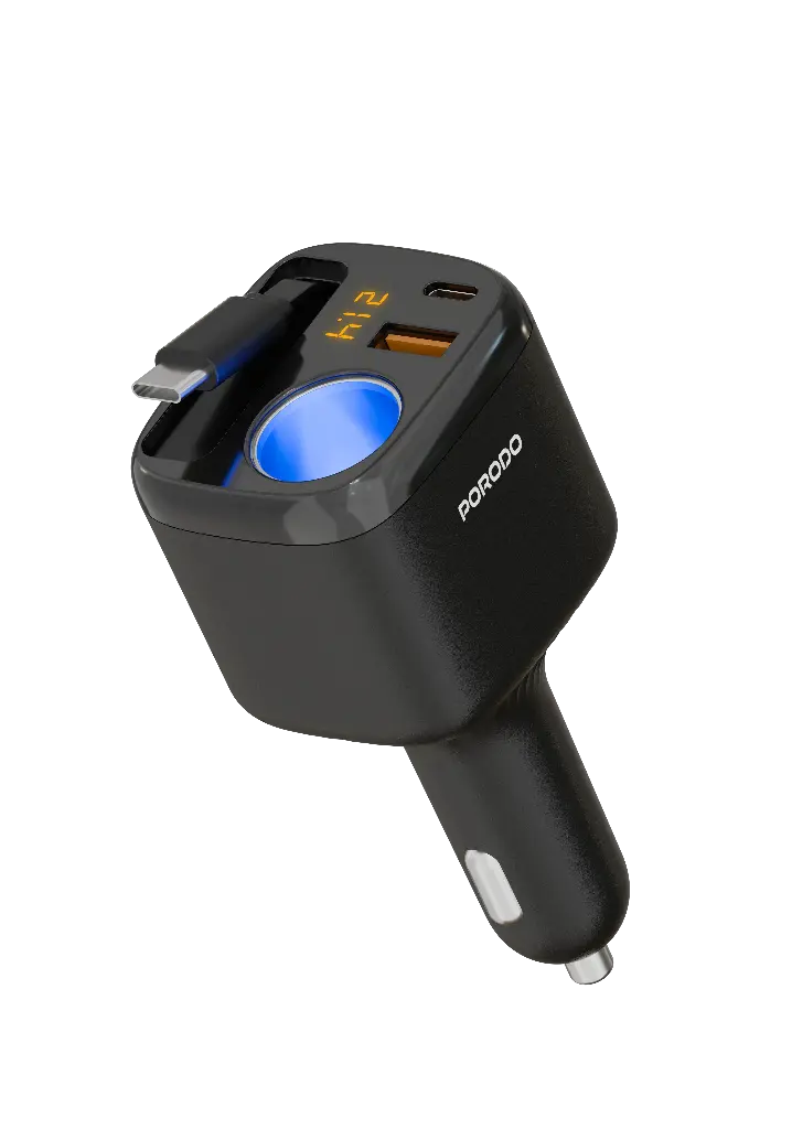 PORODO APOLO MULTI PORT CAR CHARGER RETRACTABLE USB C CABLE BLACK PDCCR34BK thumbnail 2