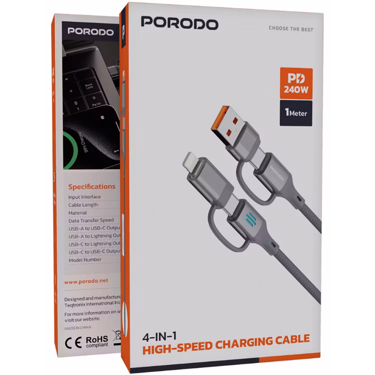PORODO 4 IN 1 HIGH SPEED CHARGING CABLE PD 240W GREY PDCDCGY thumbnail 6