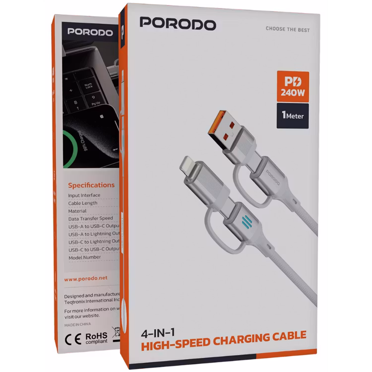 PORODO 4 IN 1 HIGH SPEED CHARGING CABLE PD 240W SILVER PDCDCSL thumbnail 6