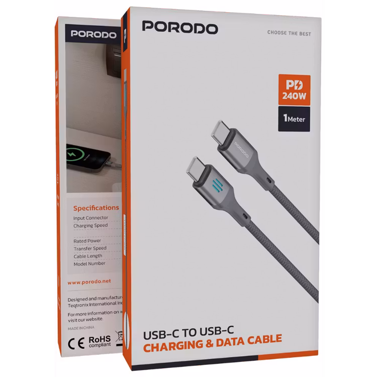 PORODO USB C TO USB C PD240W CHARGING DATA CABLE 1M GREY PDDC240GY thumbnail 2