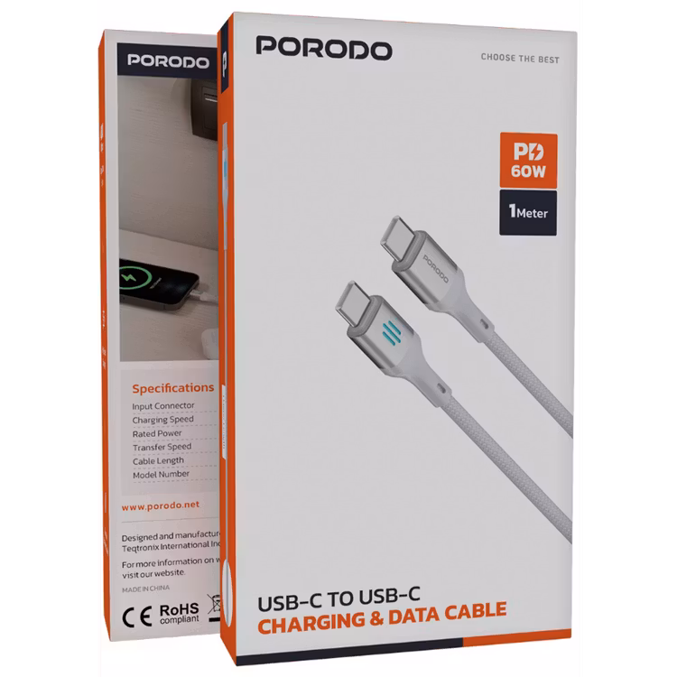 PORODO USB C TO USB C PD60W CHARGING DATA CABLE 1M SILVER PDDC60SL thumbnail 2