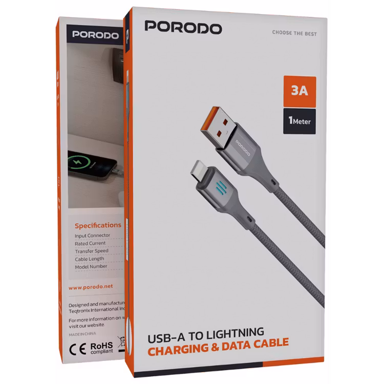 PORODO USB A TO LIGHTNING CHARGING DATA CABLE 1M GREY PDDC97GY thumbnail 4