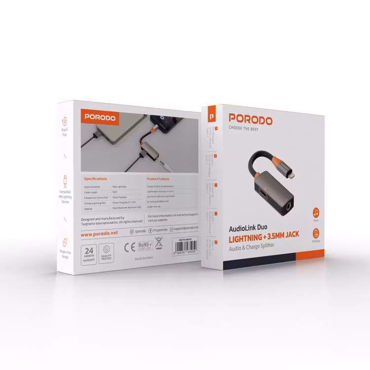 PORODO AUDIOLINK DUO LIGHTNINIG + 3.5MM JACK AUDIO AND CHARGE SPLITTER BLACK ORANGE PDETK14BKOG thumbnail 3