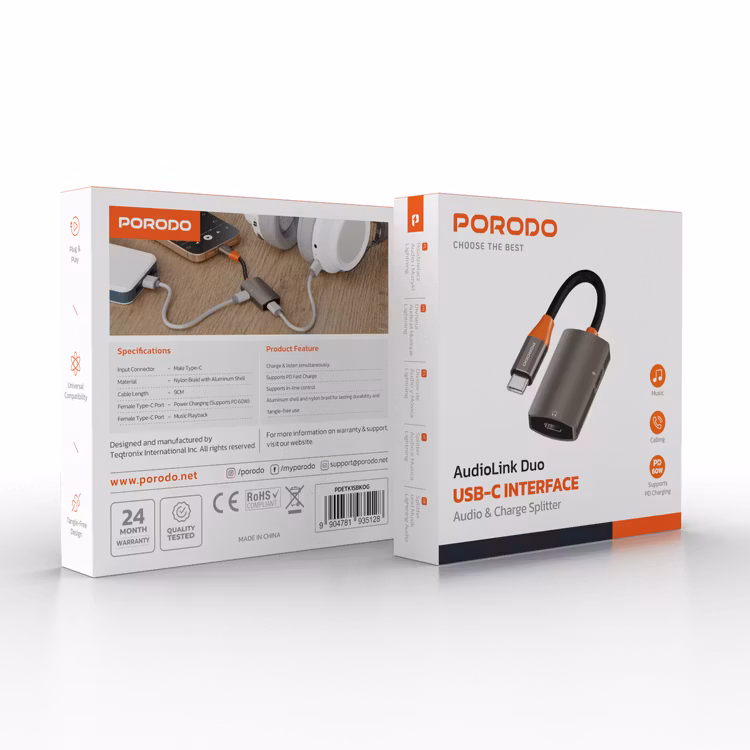 PORODO AUDIOLINK DUO USB C INTERFACE AUDIO AND CHARGER SPLITTER BLACK ORANGE PDETK15BKOG thumbnail 3
