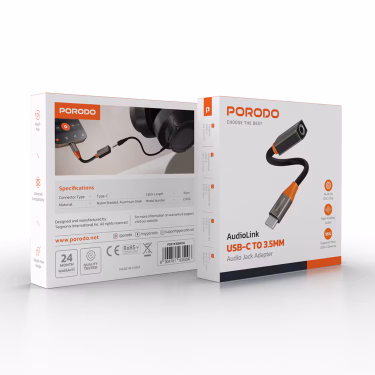 PORODO AUDIOLINK USB C TO 3.5MM AUDIO JACK ADAPTER BLACK ORANGE PDETK16BKOG thumbnail 3