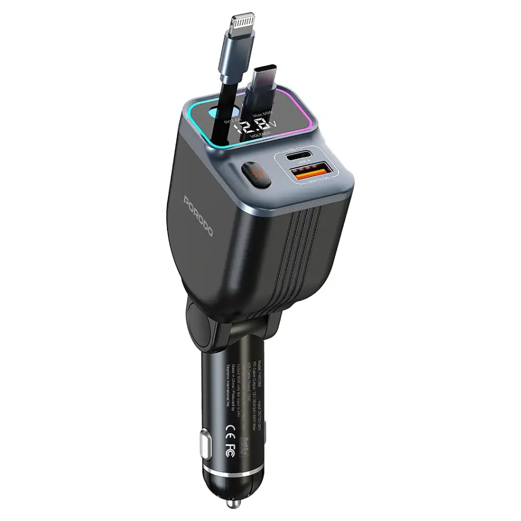 PORODO 65W CAR CHARGER DUAL RETRACTABLE CABLE BLACK PDFWCH068BK
