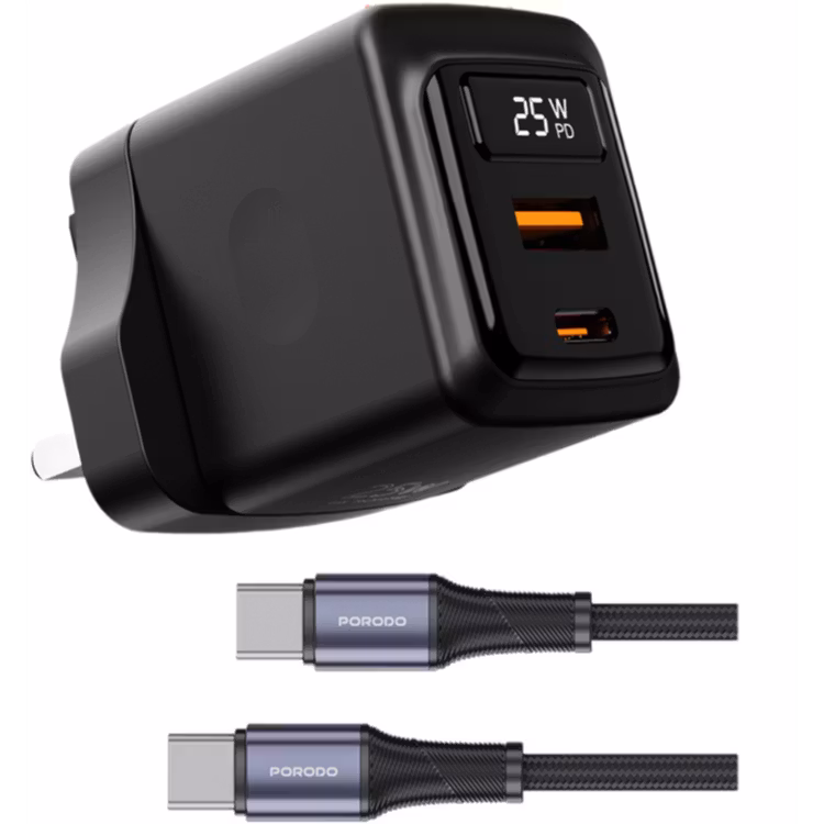 PORODO GAN 25W DUAL PORT WALL CHARGER WITH TYPE C TO TYPE C CABLE BLACK PDFWCH076CBK