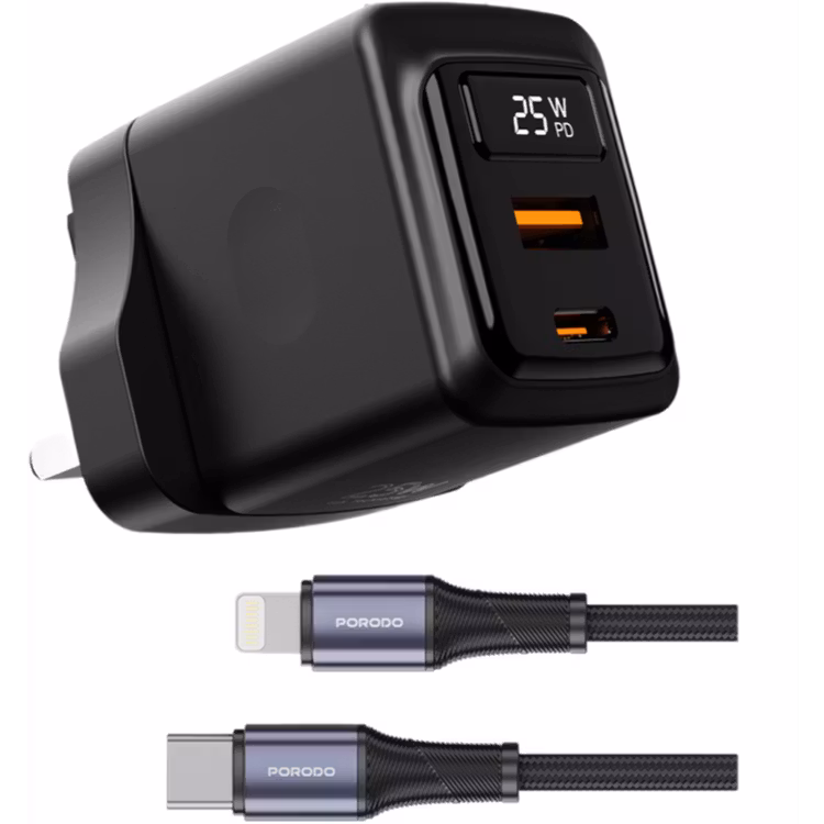 PORODO GAN 25W DUAL PORT WALL CHARGER WITH TYPE C TO LIGHTNING CABLE CABLE BLACK PDFCH076LBK