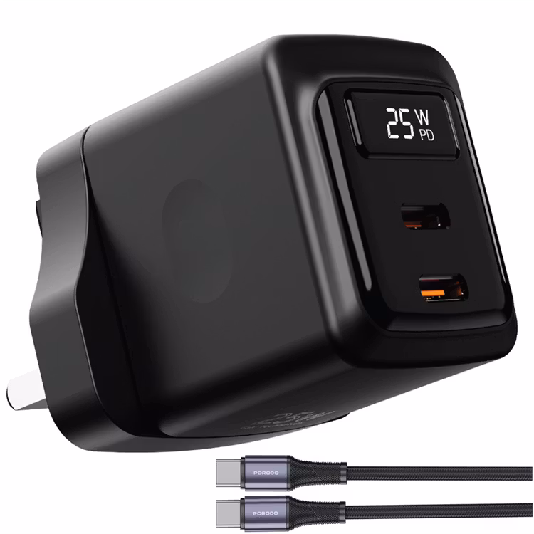 PORODO GAN 25W DUAL USB C WALL CHARGER WITH TYPE C TO TYPE C CABLE BLACK PDFWCH079CBK