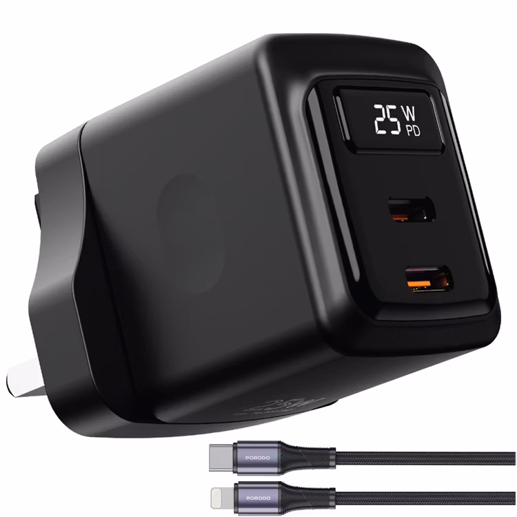 PORODO GAN 25W DUAL USB C WALL CHARGER WITH TYPE C TO LIGHTNING CABLE BLACK PDFWCH079LBK