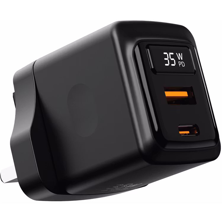 PORODO 35W DUAL PORT WALL CHARGER WITH POWER DISPLAY BLACK PDFWCH082BK