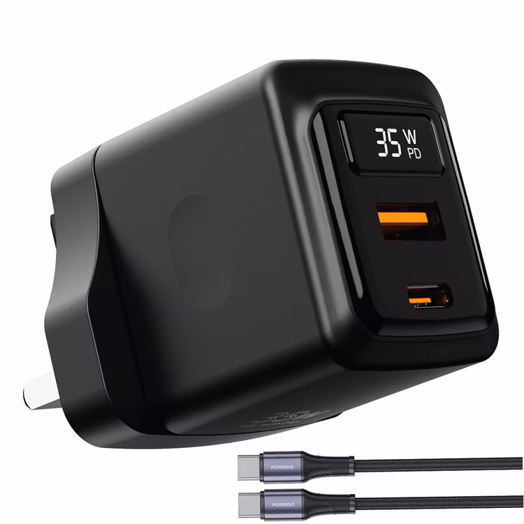PORODO GAN 35W DUAL PORT WALL CHARGER WITH TYPE C TO TYPE C CABLE BLACK PDFWCH082CBK
