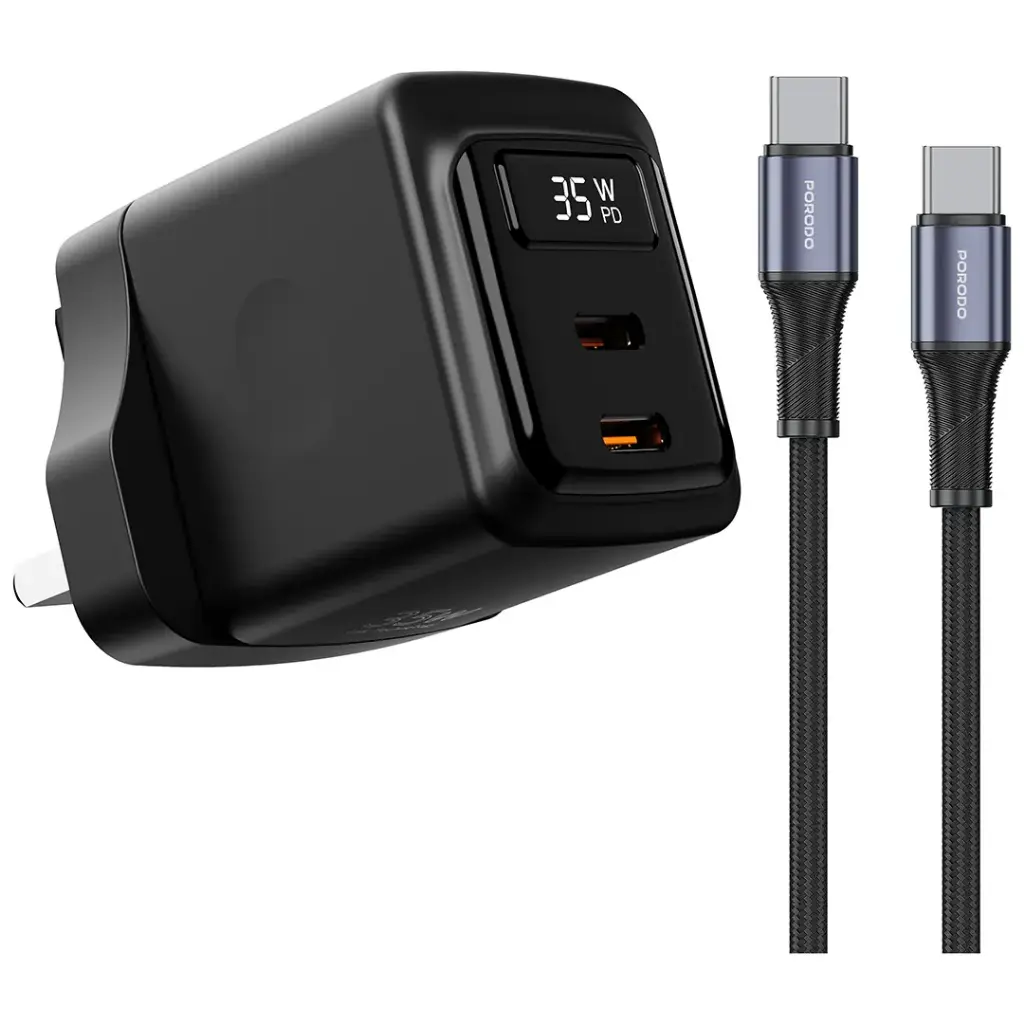 PORODO GAN 35W DUAL PORT WALL CHARGER WITH TYPE C TO TYPE C CABLE BLACK PDFWCH082CBK thumbnail 2