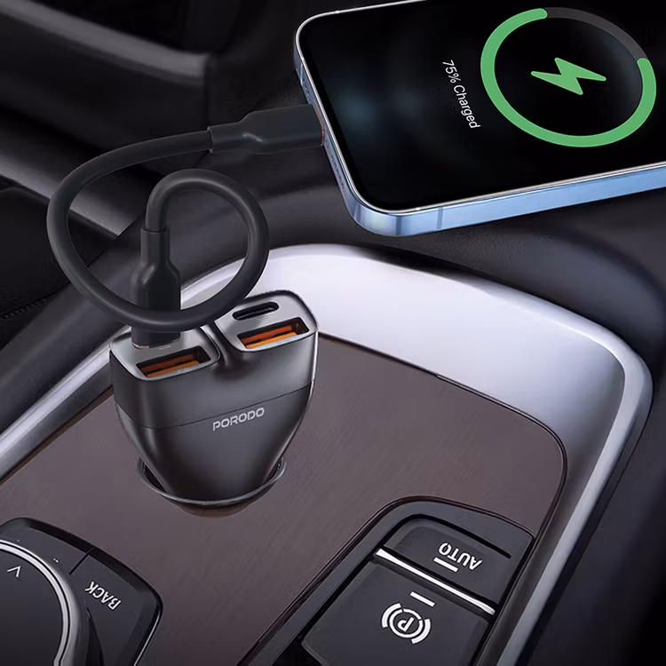 PORODO DUALPOWER 102W CAR CHARGER WITH USB C TO USB C CABLE PD30W QC18W BLACK PDFWCH085CBK thumbnail 5