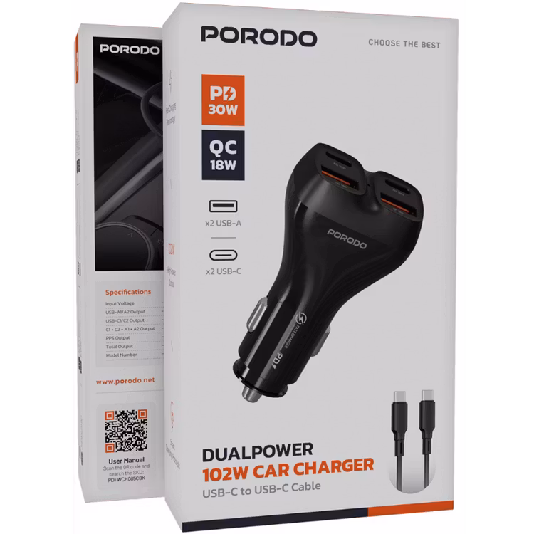 PORODO DUALPOWER 102W CAR CHARGER WITH USB C TO USB C CABLE PD30W QC18W BLACK PDFWCH085CBK thumbnail 6