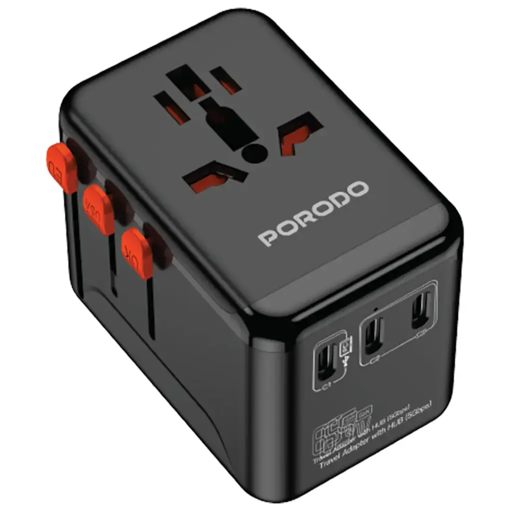 PORODO 5GBPS USB HUB UNIVERSAL TRAVEL ADAPTER 65W GAN CHARGER BLACK PDFWCH091BK
