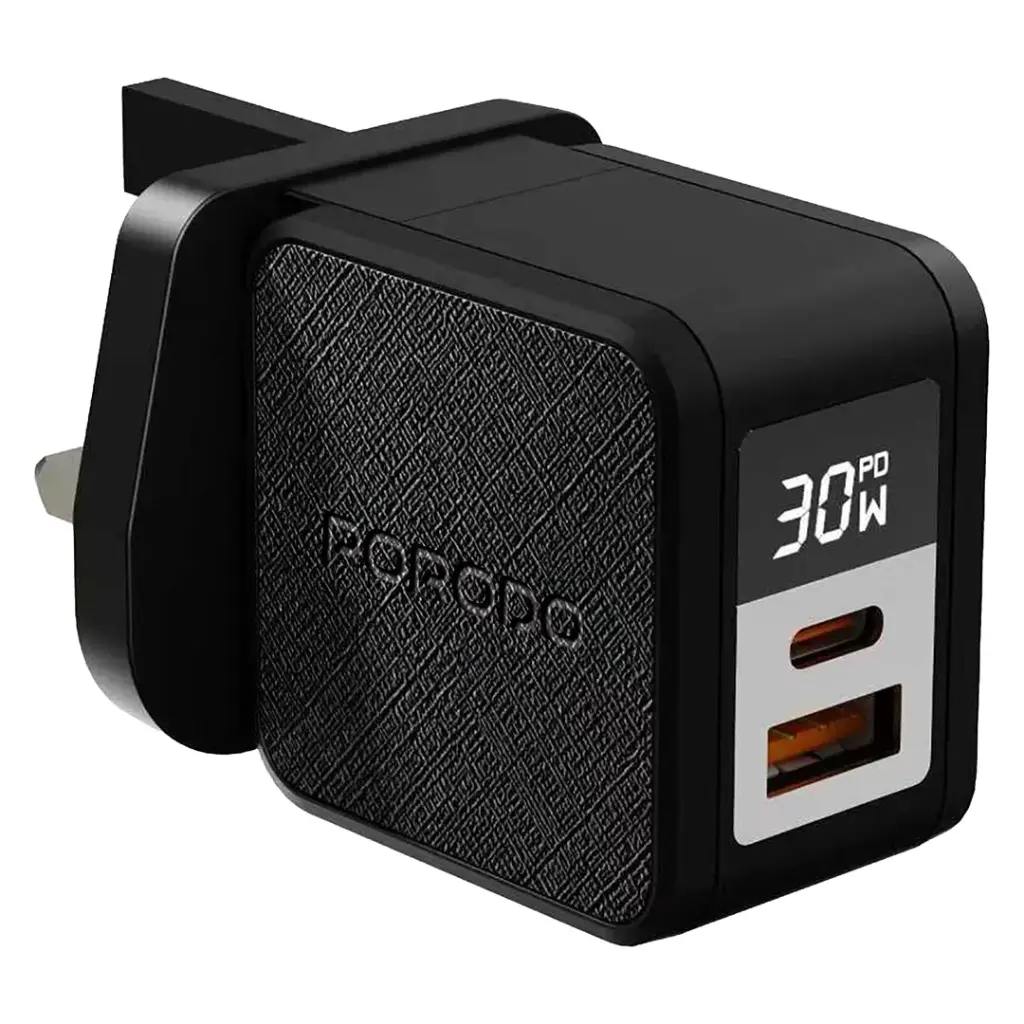 PORODO QUANTUM GAN 30W MULTI PORT CHARGER WITH DIGITAL DISPLAY WITH C-C CABLE 1M BLACK PDFWCH092BKC