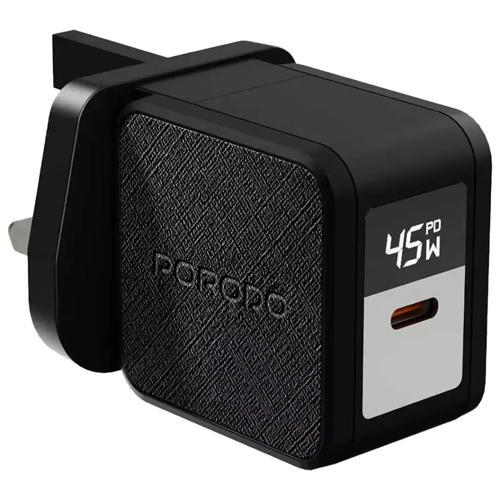 PORODO QUANTUM GAN 45W USB C WALL CHARGER WITH DIGITAL DISPLAY WITH C-C CABLE 1M BLACK PDFWCH093BKC thumbnail 2