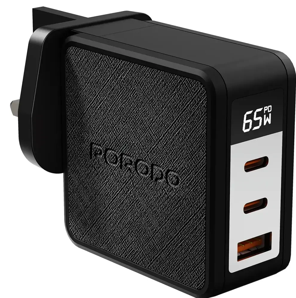 PORODO QUANTUM GAN 65W MULTI PORT CHARGER WITH DIGITAL DISPLAY BLACK PDFWCH094BK