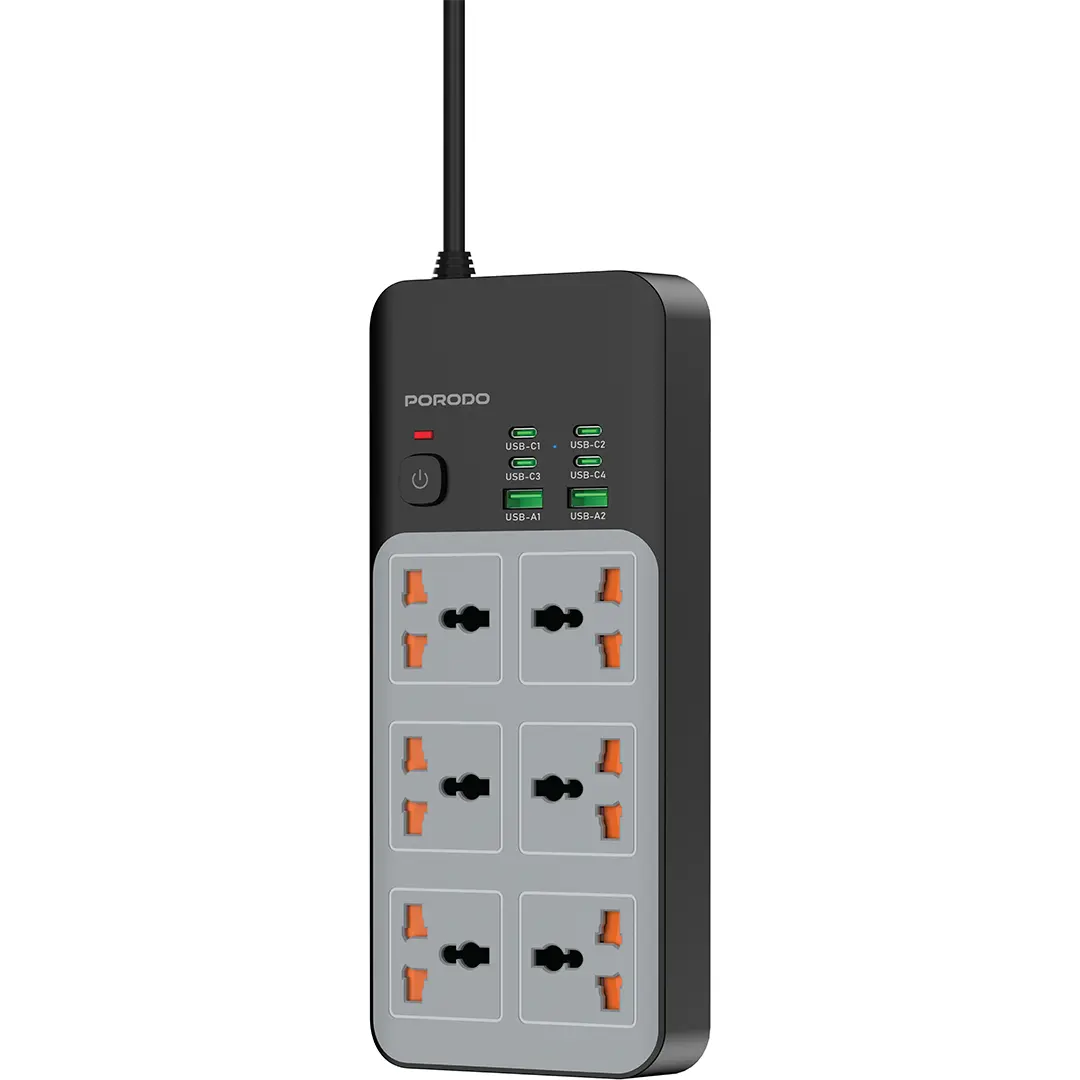 PORODO 3000W 6AC UNIVERSAL POWER STRIP WITH 6 USB 4C+2A GRAY PDFWCH100GY