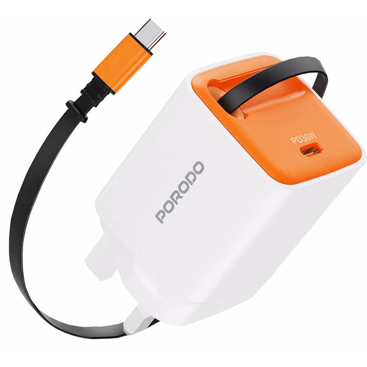 PORODO TEZPATRO 30W GAN CHARGER WITH USB C RETRACTABLE CABLE WHITE PDFWCH103WH