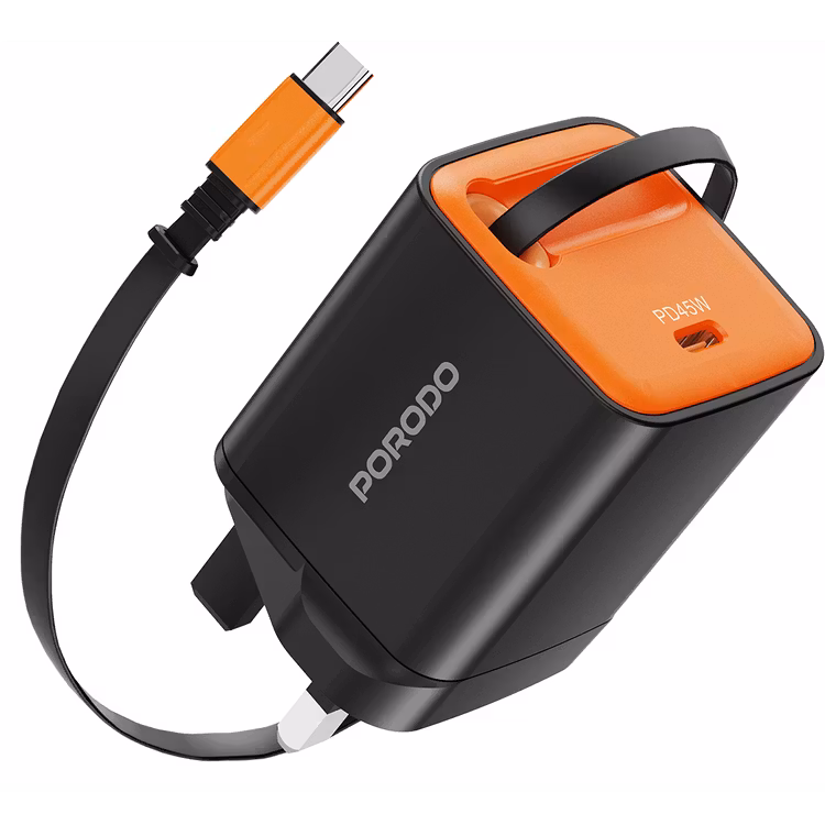 PORODO TEZPATRO 45W GAN CHARGER WITH USB C RETRACTABLE CABLE BLACK PDFWCH104BK