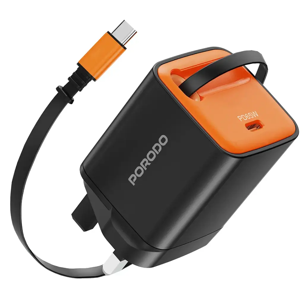 PORODO TEZPATRO 65W GAN CHARGER WITH USB C RETRACTABLE CABLE BLACK PDFWCH105BK
