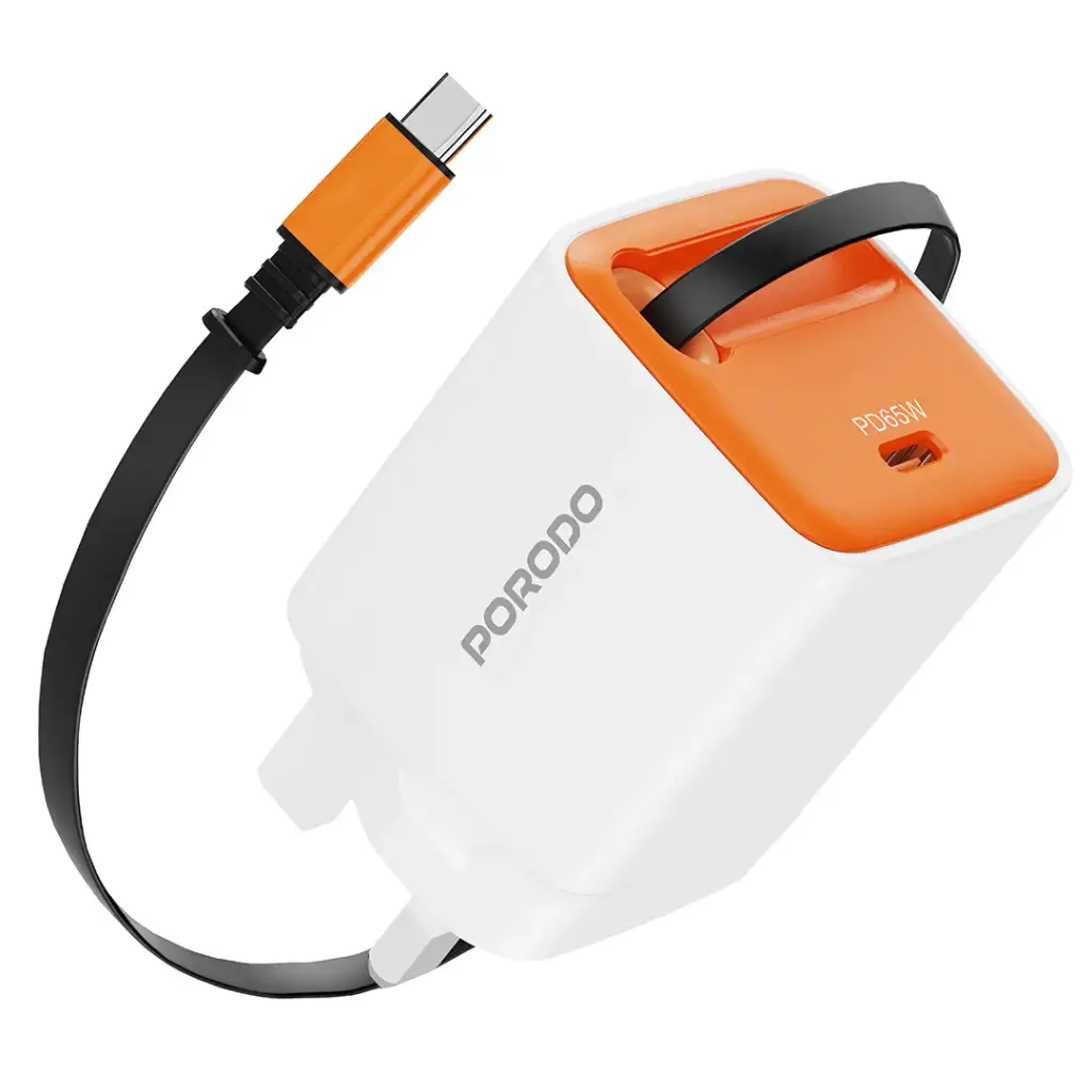 PORODO TEZPATRO 65W GAN CHARGER WITH USB C RETRACTABLE CABLE WHITE PDFWCH105WH