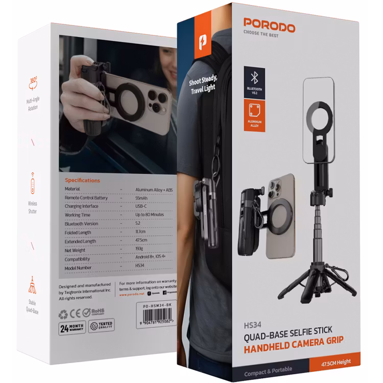 PORODO QUAD-BASE SELFIES STICK 360° FULL ANGLEROTATION BLACK PD-HSM34-BK thumbnail 10