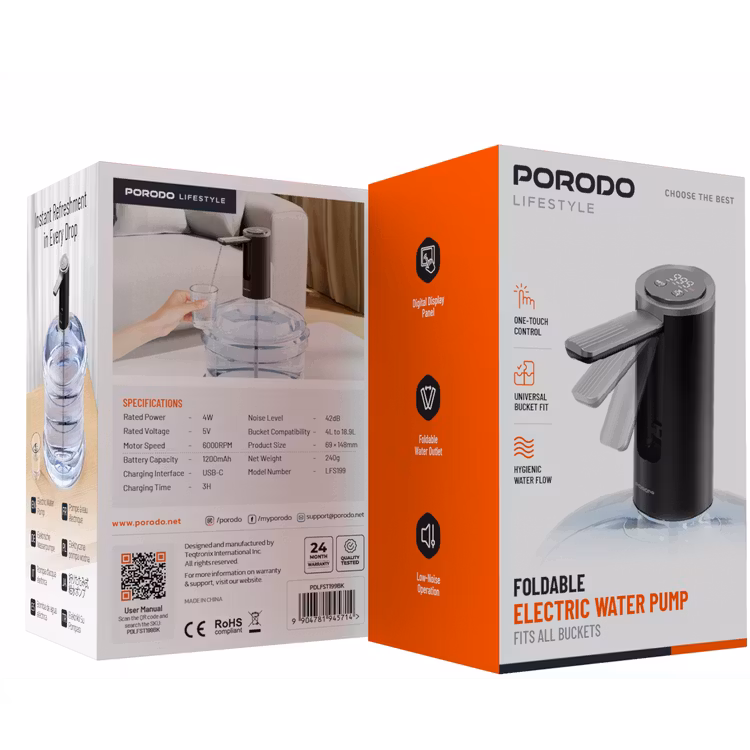 PORODO LIFESTYLE FOLDABLE ELECTRIC WATER PUMP BLACK PDLFST199BK