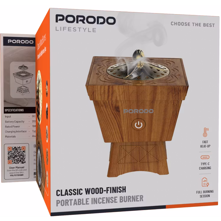 PORODO LIFESTYLE CLASSIC WOOD FINISH PORTABLE INCENSE BURNER BROWN PDLFSTB10BR thumbnail 2