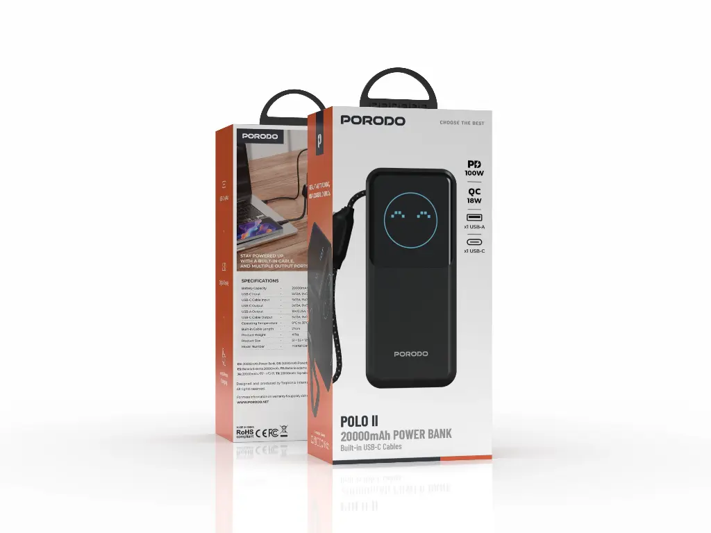 PORODO POLO II 20000MAH POWER BANK BUILT IN USB C CABLES BLACK PDPBFCH0101BK