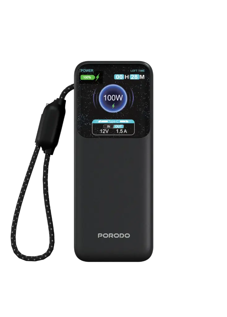 PORODO POLO II 10000MAH POWER BANK BUILT IN USB C CABLES BLACK PDPBFCH0102BK