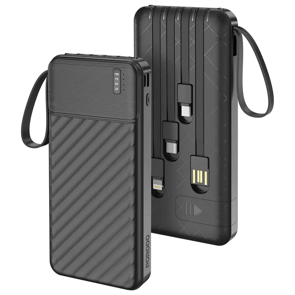 PORODO PIANO 10000MAH POWER BANK WITH INTEGRATED CABLES BLACK PDPBJ33BK