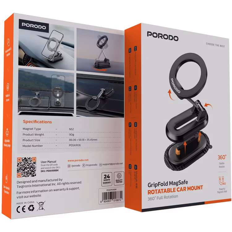PORODO GRIPFOLD MAGSAFE ROTATABLE CAR MOUNT 360 DEGREE FULL ROTATION BLACK PDSKR06BK thumbnail 10