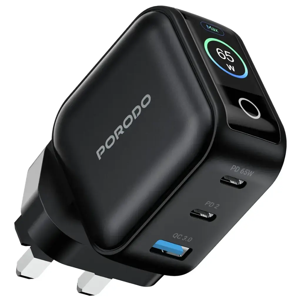 PORODO NEXORA 65W 3 PORT WALL CHARGER WITH LCD DISPLAY BLACK PDWCP5265BK