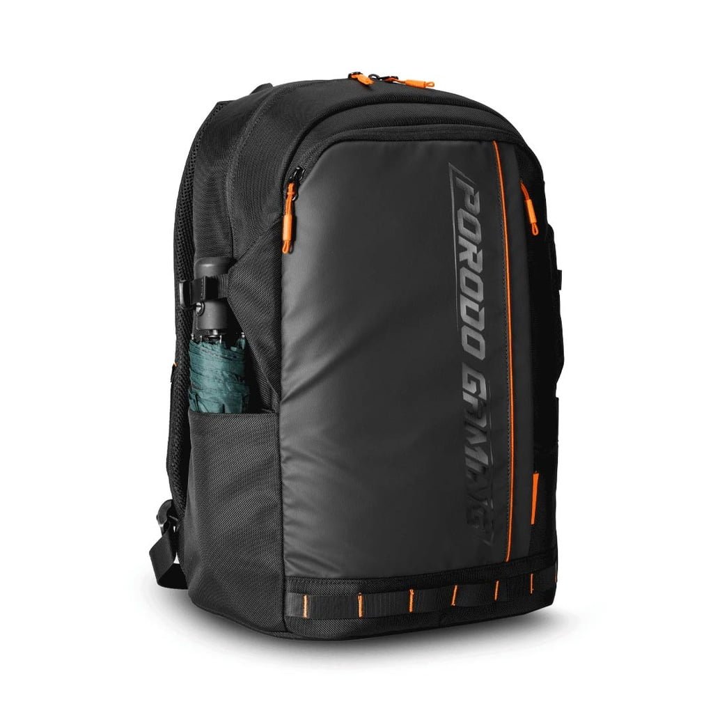 PORODO GAMING WATER RESISTANT PU LAPTOP BACKPACK WITH USB C PORT PS5 COMPATMENT BLACK ORANGE PDX534