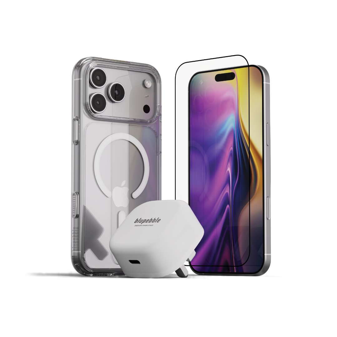 Blupebble 3-in-1 Pebble Combo for iPhone 17 Pro Max - Clear Case + Tempered Glass + Charger (BP-17MAXBUNDLE-CL)