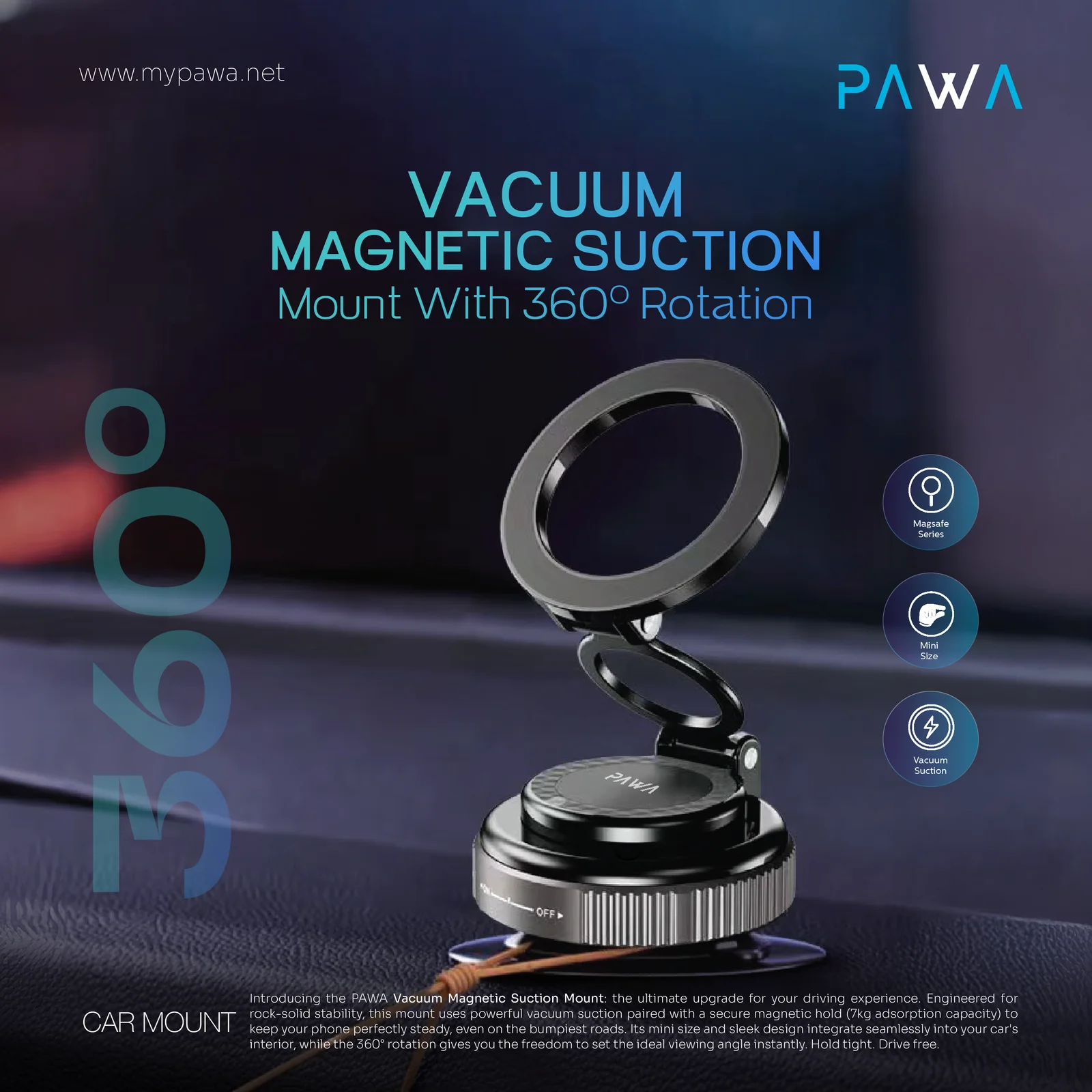 PAWA VACUUM MAGNETIC SUCTION MOUNT WITH 360 ROTATION BLACK PW-SCRMNT10-BK thumbnail 3