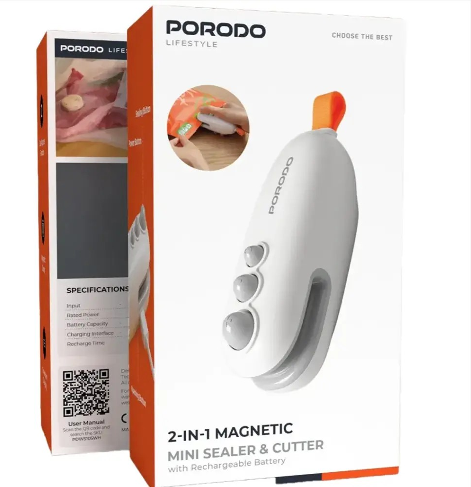 PORODO LIFESTYLE 2 IN 1 MAGNETIC MINI SEALER  CUTTER WITH RECHARGEABLE BATTERY WHITE PDWS105WH