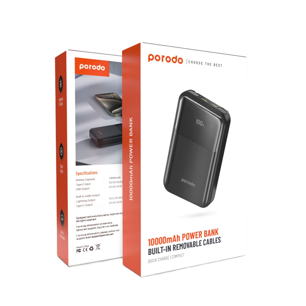PORODO 10000MAH POWERBANK BUILT IN REMOVABLE CABLE BLACK PD-PBFCH038-BK thumbnail 3