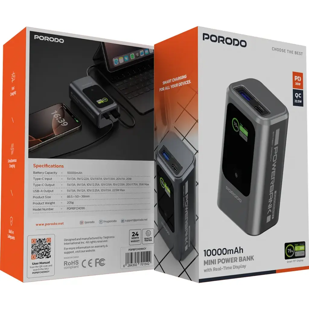 PORODO 10000MAH MINI POWER BANK WITH REAL TIME DISPLAY GREY PDPBFCH096GY thumbnail 4