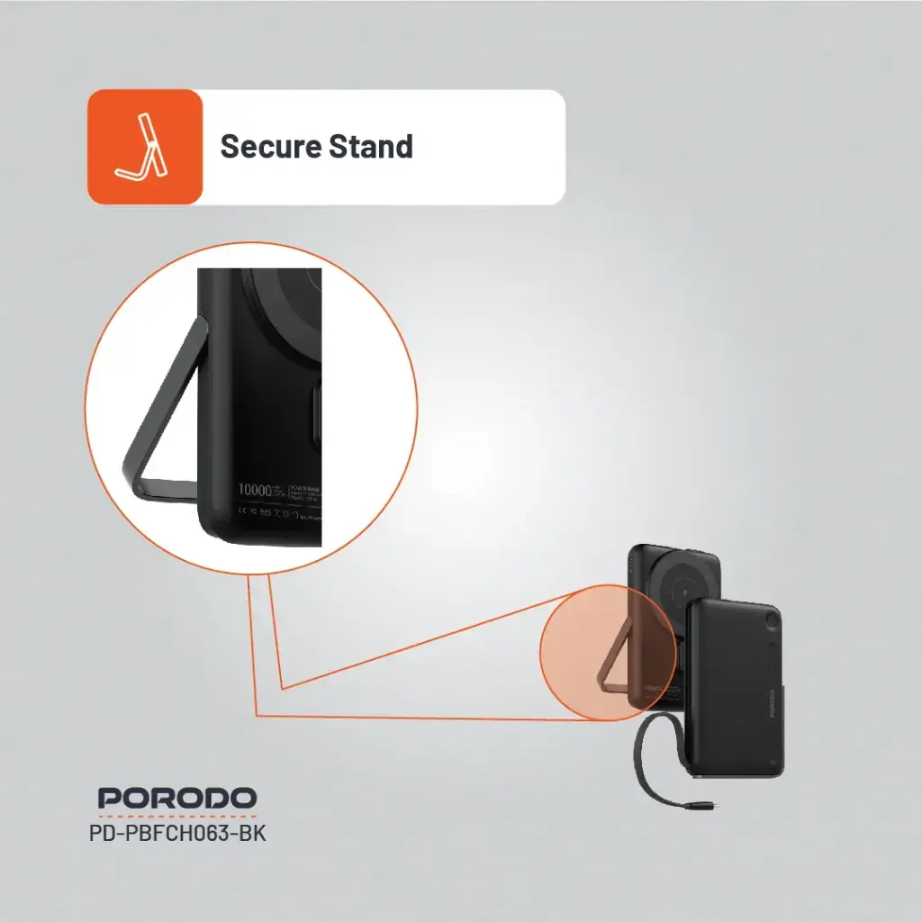 PORODO 10000MAH POWERBANK BUILT IN TYPE C CABLE WITH STAND BLACK PD-PBFCH065-BK thumbnail 5