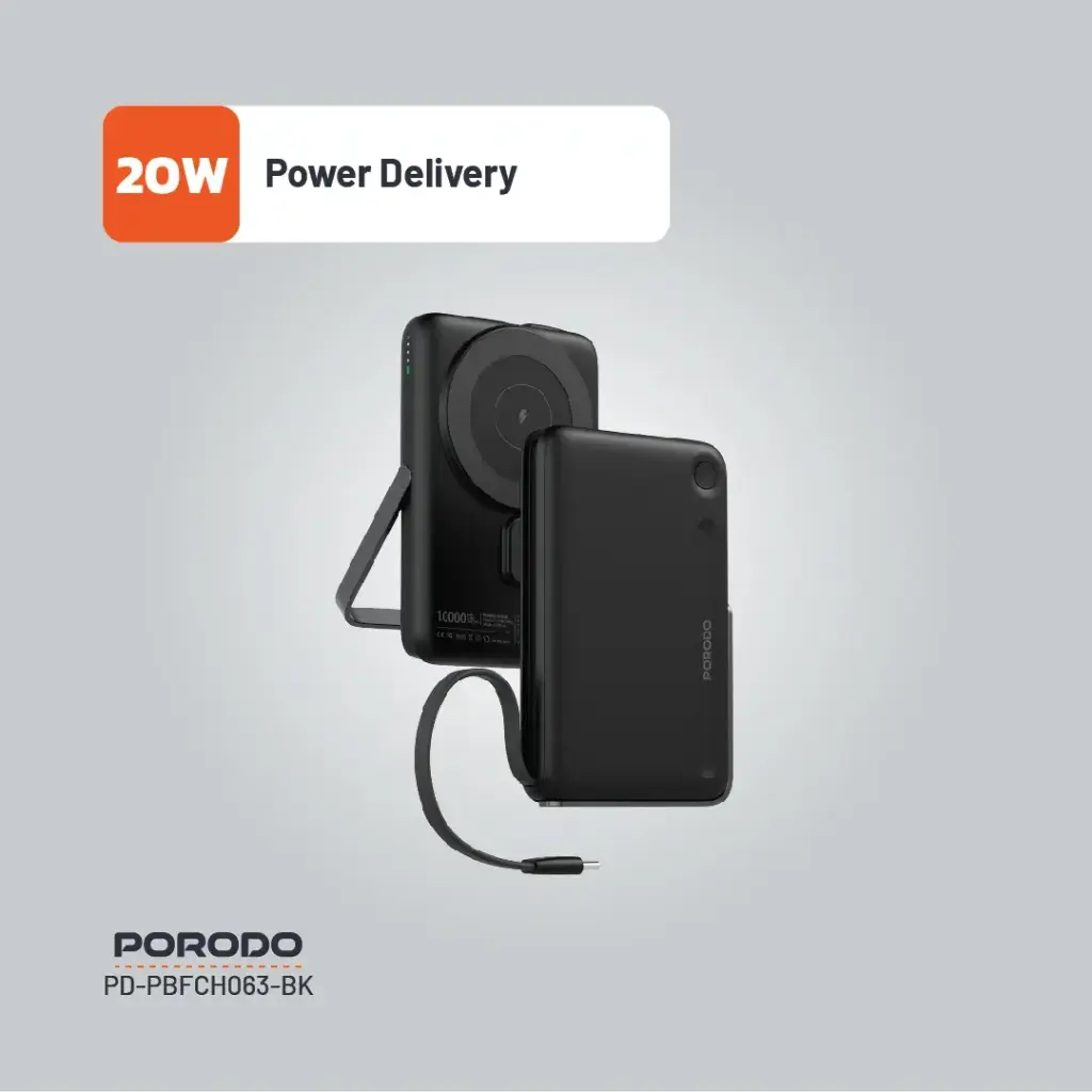 PORODO MAGSAFE 10000MAH POWER BANK INTEGRATED USB C CABLE / STAND PD20W BLACK PDPBFCH065BK thumbnail 4