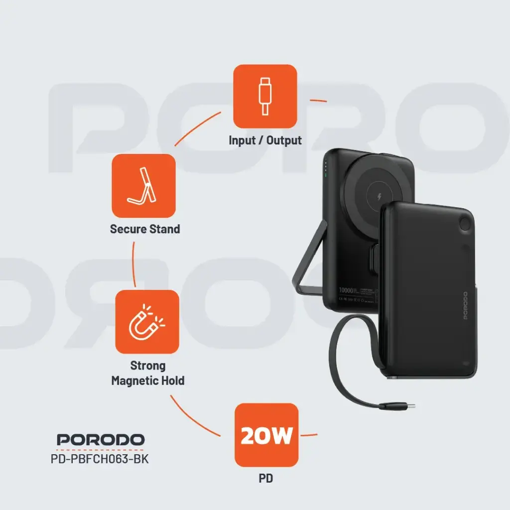 PORODO 10000MAH POWERBANK BUILT IN TYPE C CABLE WITH STAND BLACK PD-PBFCH065-BK thumbnail 3