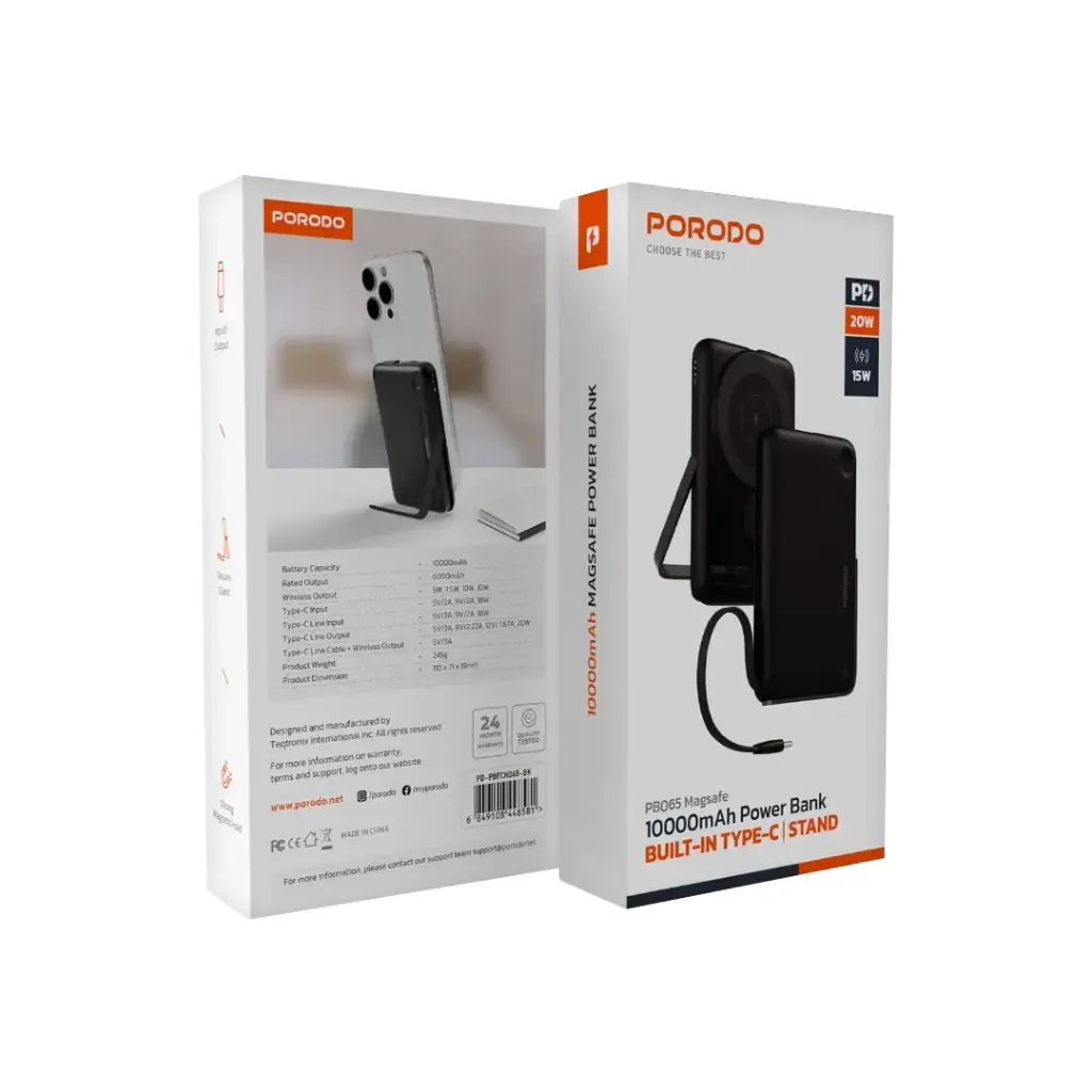 PORODO 10000MAH POWERBANK BUILT IN TYPE C CABLE WITH STAND BLACK PD-PBFCH065-BK thumbnail 2