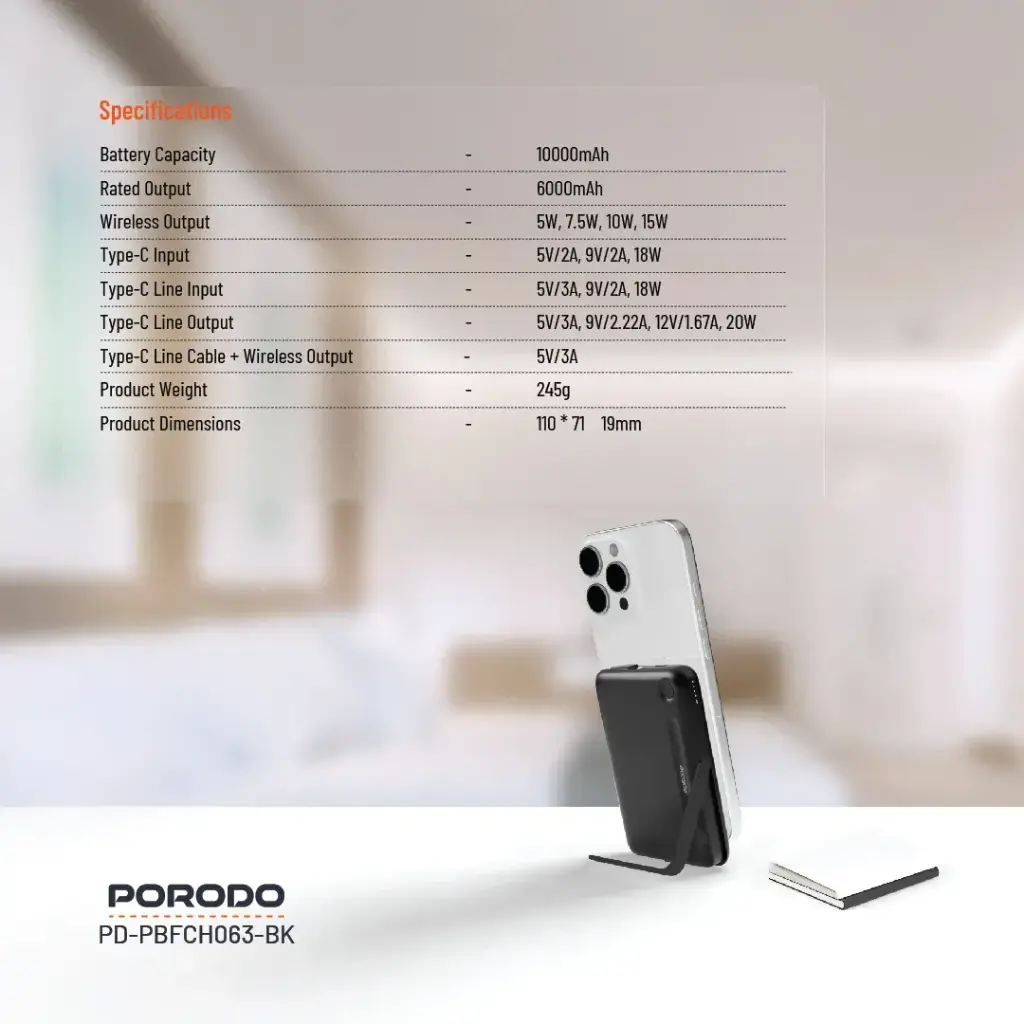 PORODO MAGSAFE 10000MAH POWER BANK INTEGRATED USB C CABLE / STAND PD20W BLACK PDPBFCH065BK thumbnail 6